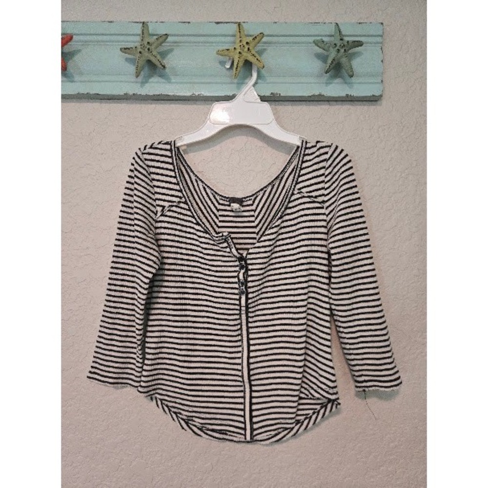 We The Free Top Women Small Black White Striped Thermal Waffle Knit Scoop Neck